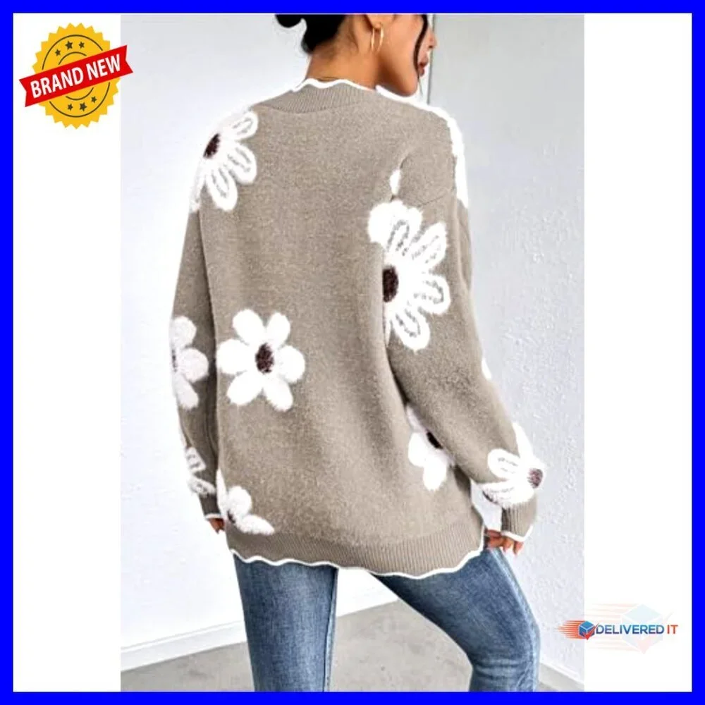 Oversized V-Neck Chunky Knit Pullover Sweater Fuzzy Long Sleeve Top - Picture 3 of 7
